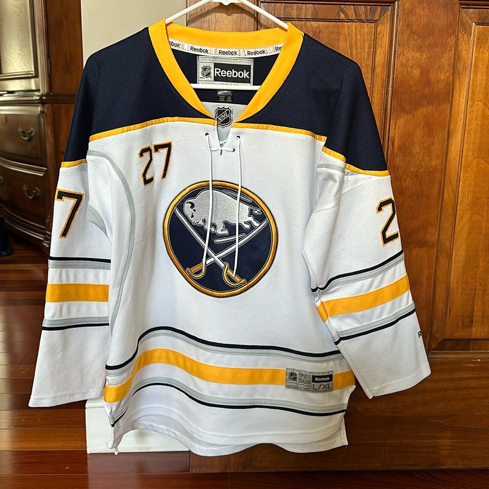 Reebok White Navy Gold Buffalo Sabres #27 Hockey Jersey